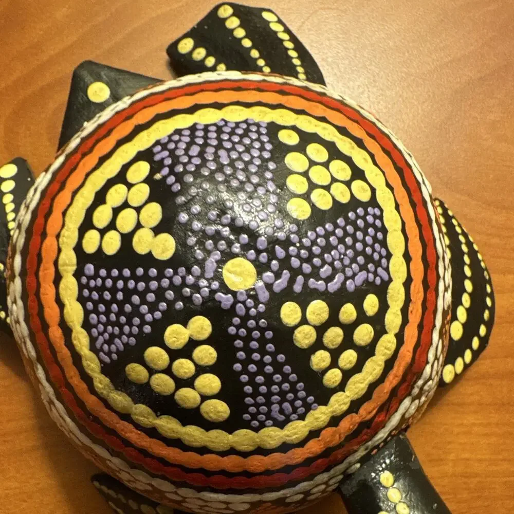 Handmade Hand-Painted Wooden Turtle Figurine Bali Dot Pattern Art -bobble head